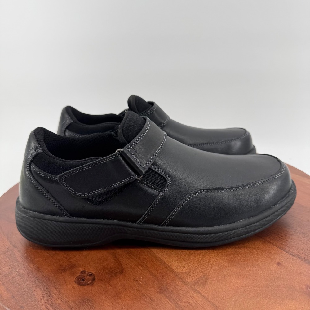 OrthoFeet 511 Mens Black Leather Hook and Loop Strap Walking Shoes 10 2E Wide
